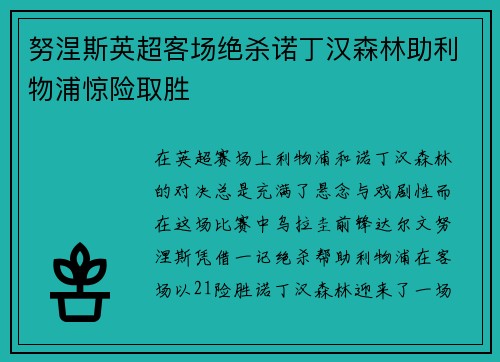 努涅斯英超客场绝杀诺丁汉森林助利物浦惊险取胜 努涅斯英超客场绝杀诺丁汉森林助利物浦惊险取胜